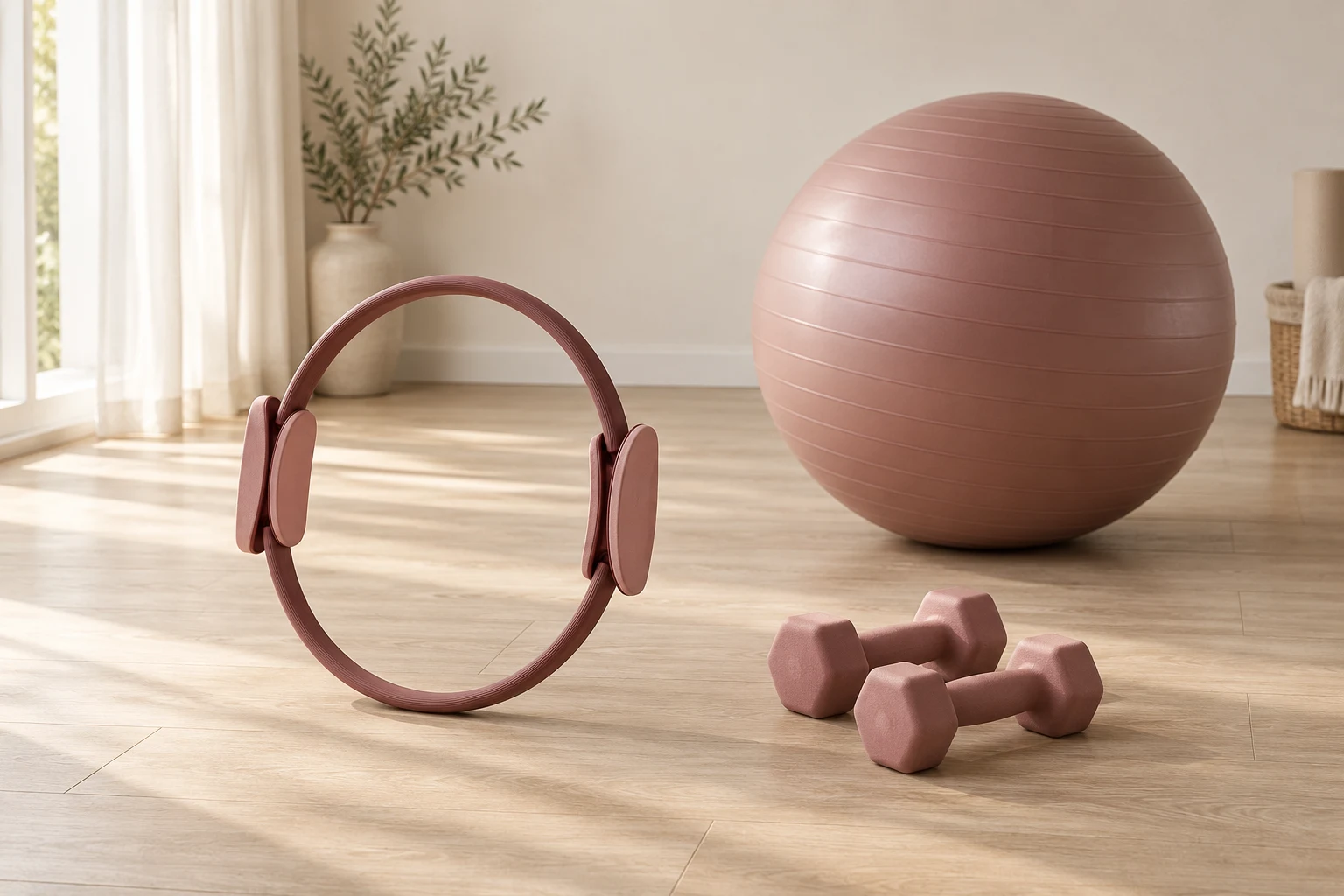 Un cercle de Pilates, des haltères et un ballon rose sur un parquet clair